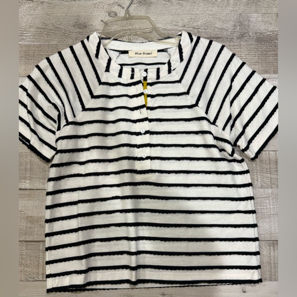 Anthropologie Blue Tassel - Black and White Striped Top NWOT